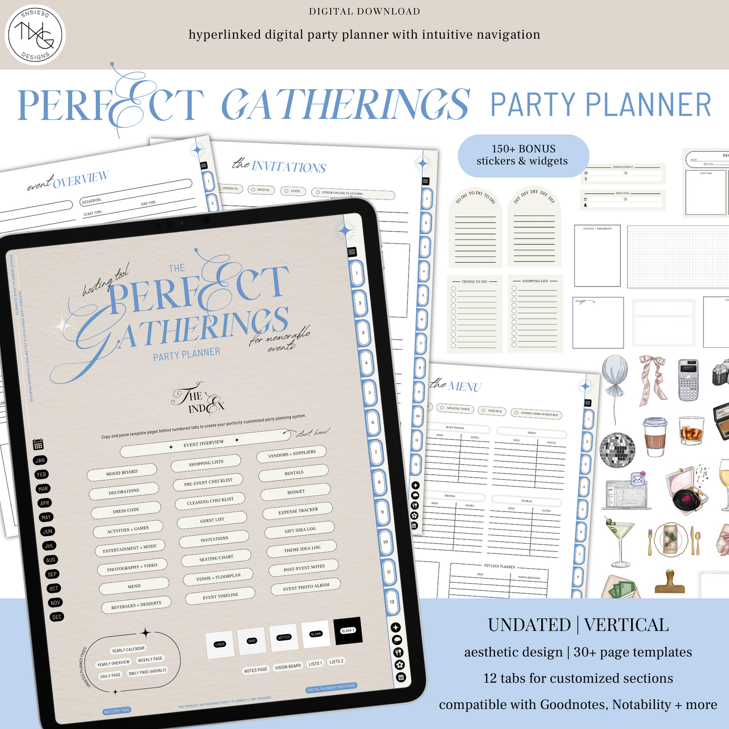 The Perfect Gatherings Party Planner shown on tablet with overview and planning templates plus bonus stickers.