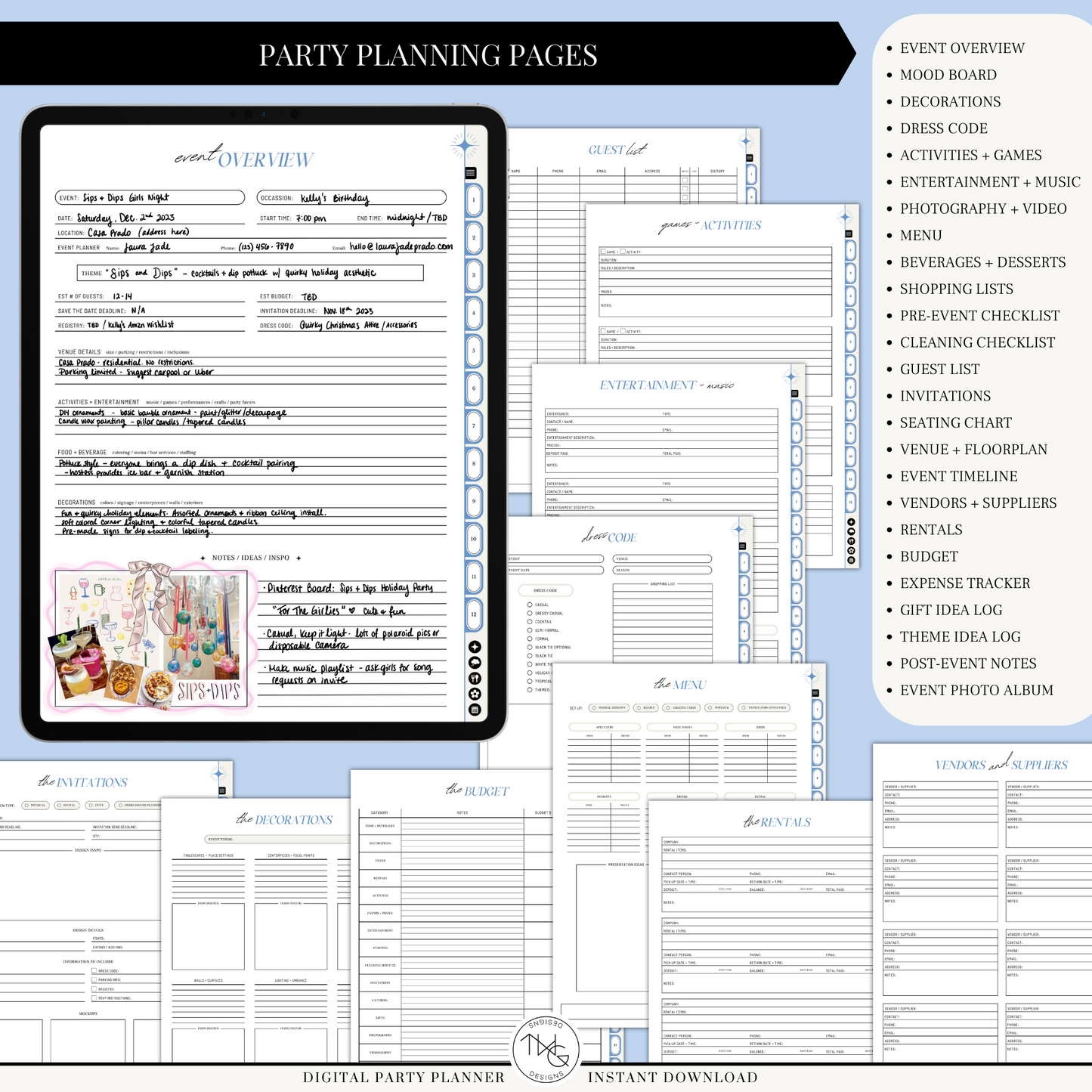 Close-up view of digital event planning templates including guest list, theme ideas, timeline, and vendor list.