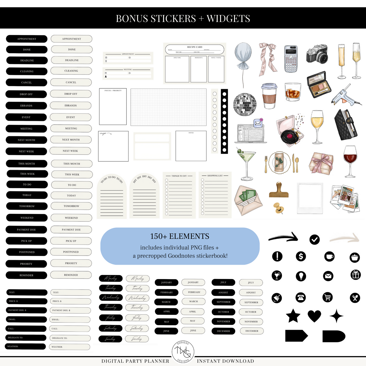 Over 150 functional stickers, labels, icons, and decorative elements in blue and neutral tones.