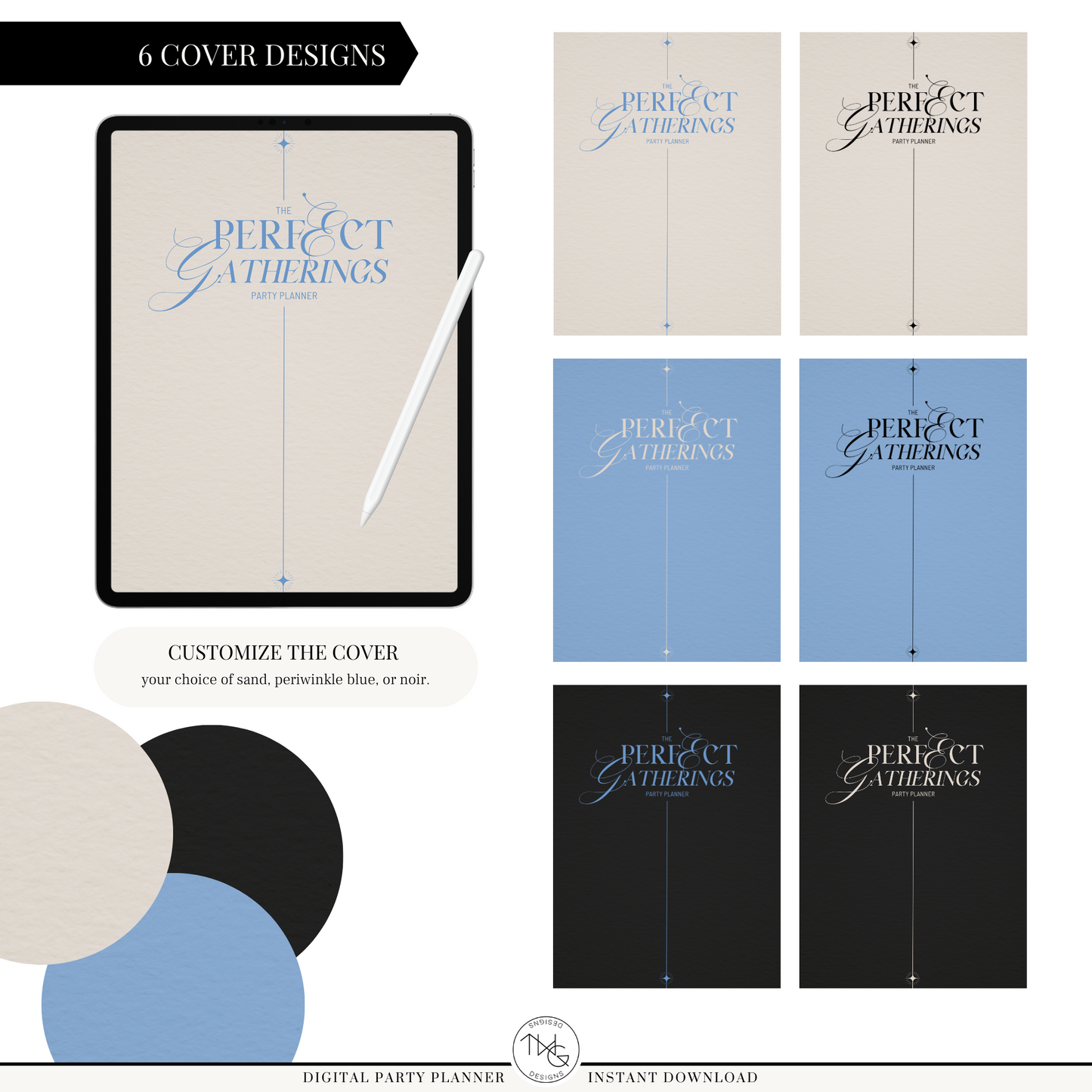 Alternate party planner covers in soft neutral and blue colorways.