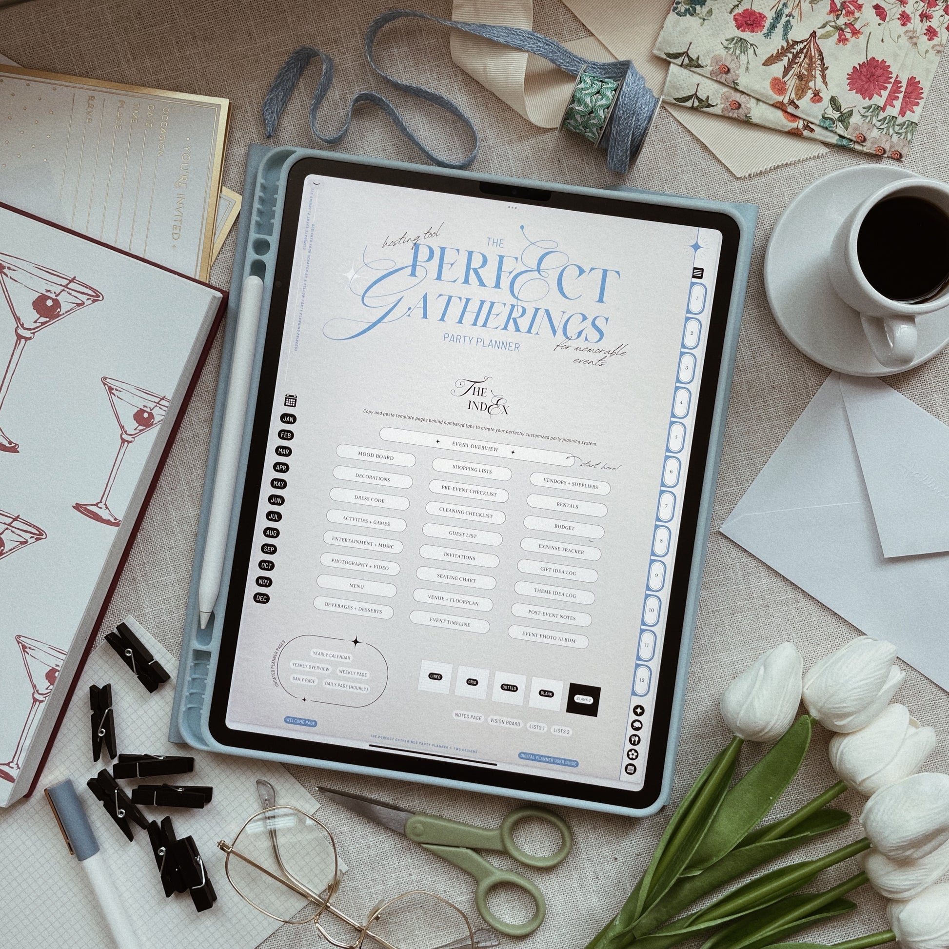 Planner open on iPad with a floral napkin and pen nearby, suggesting event prep vibes.