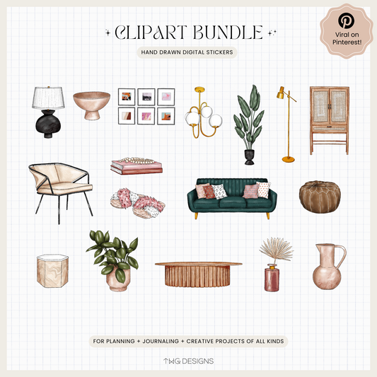 Overview of all 17 PNG stickers including furniture, decor accents, potted plants, pendant lights, and framed art from the Home Aesthetic Clipart Bundle.