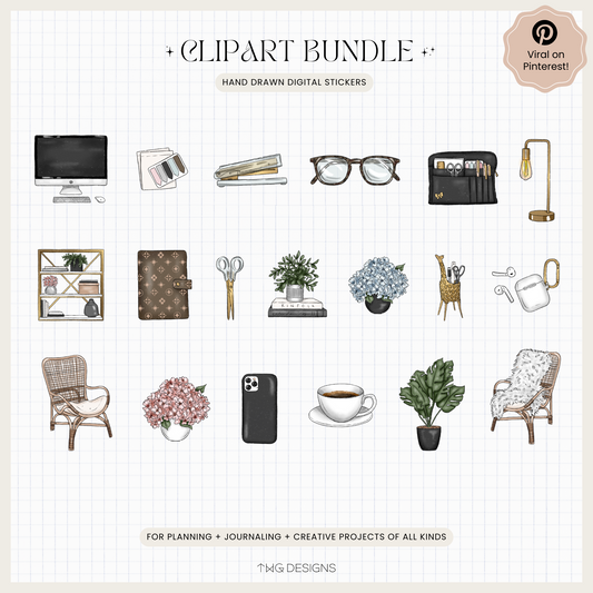 Overview of 20 office-themed PNG graphics including tech accessories, bookshelves, monitors, glasses, coffee, and plants.