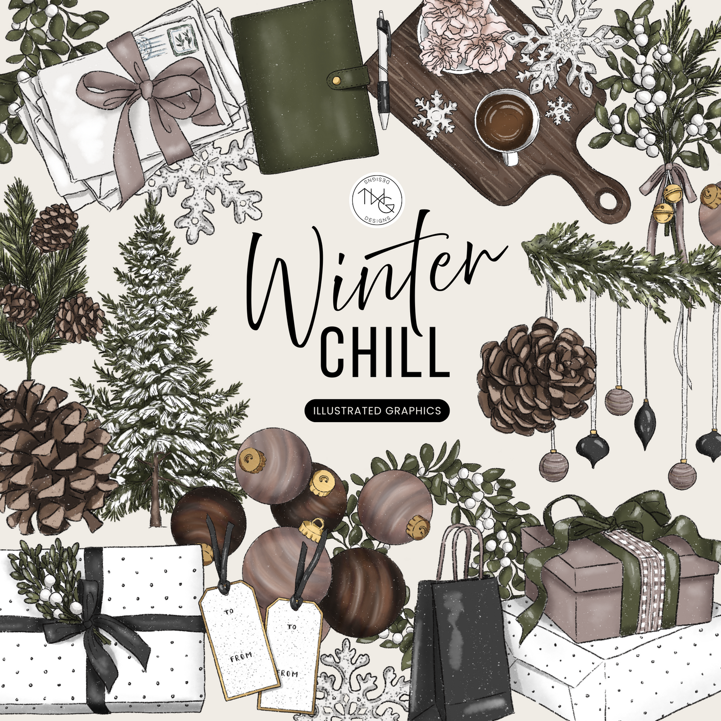 A cozy winter-themed collage of Scandinavian holiday items including pinecones, gifts, snowflakes, evergreen branches, and hot cocoa from the Winter Hygge Clipart Bundle.