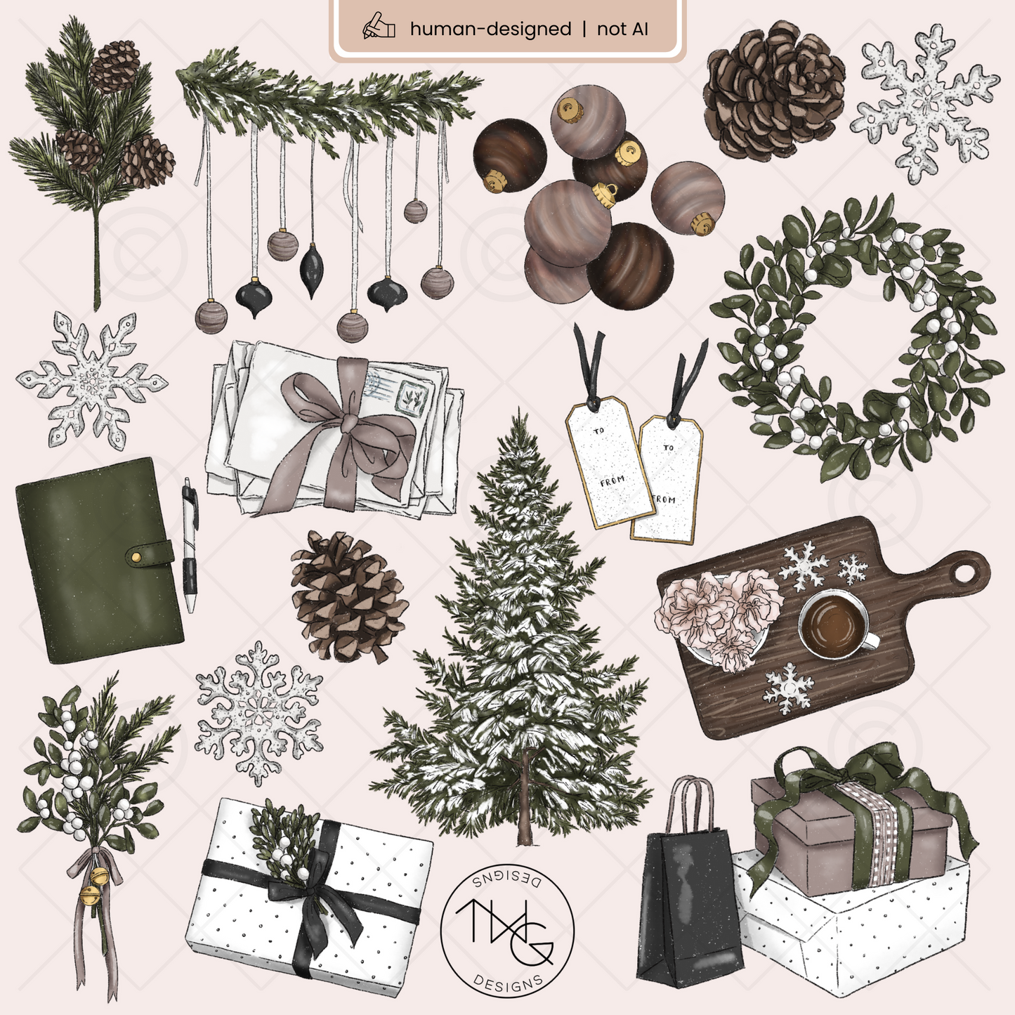 A flat lay of pinecones, fir branches, tags, and gift boxes arranged with seasonal accents for digital journaling or winter planner design.