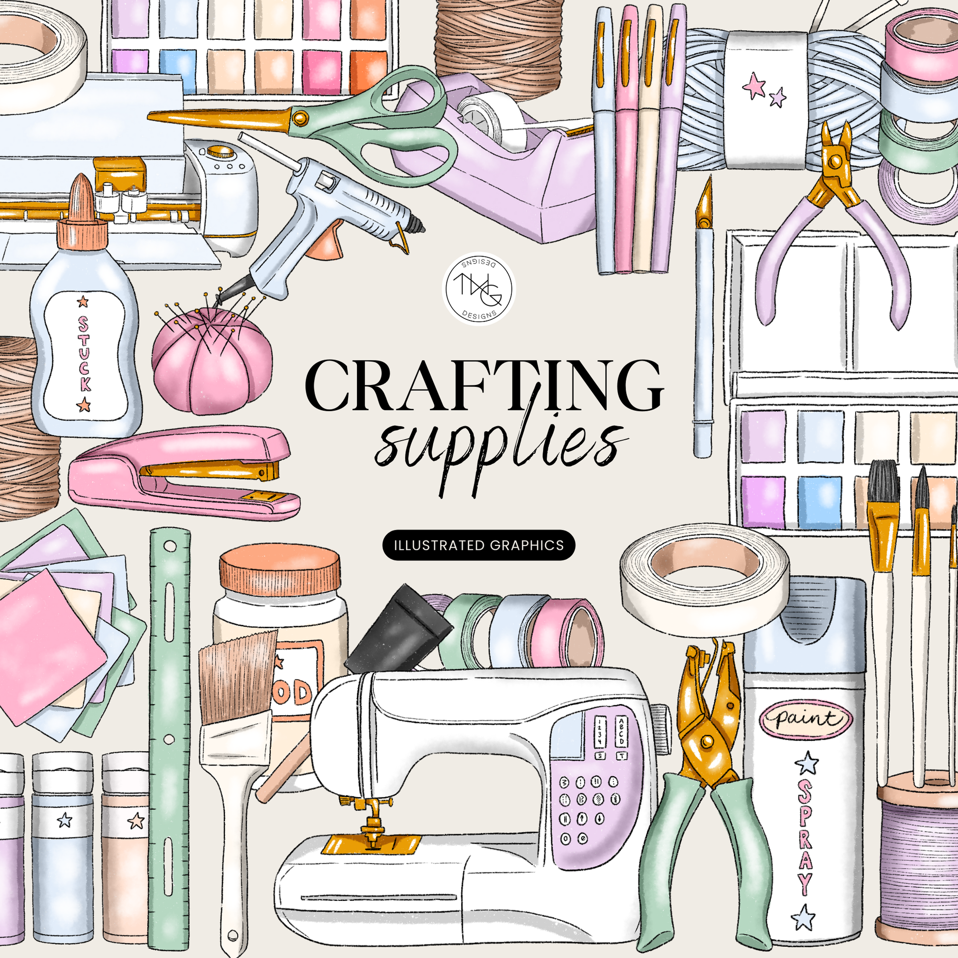 A collage of crafting-themed clipart including sewing machine, glue gun, scissors, markers, paint, twine, and other creative tools.