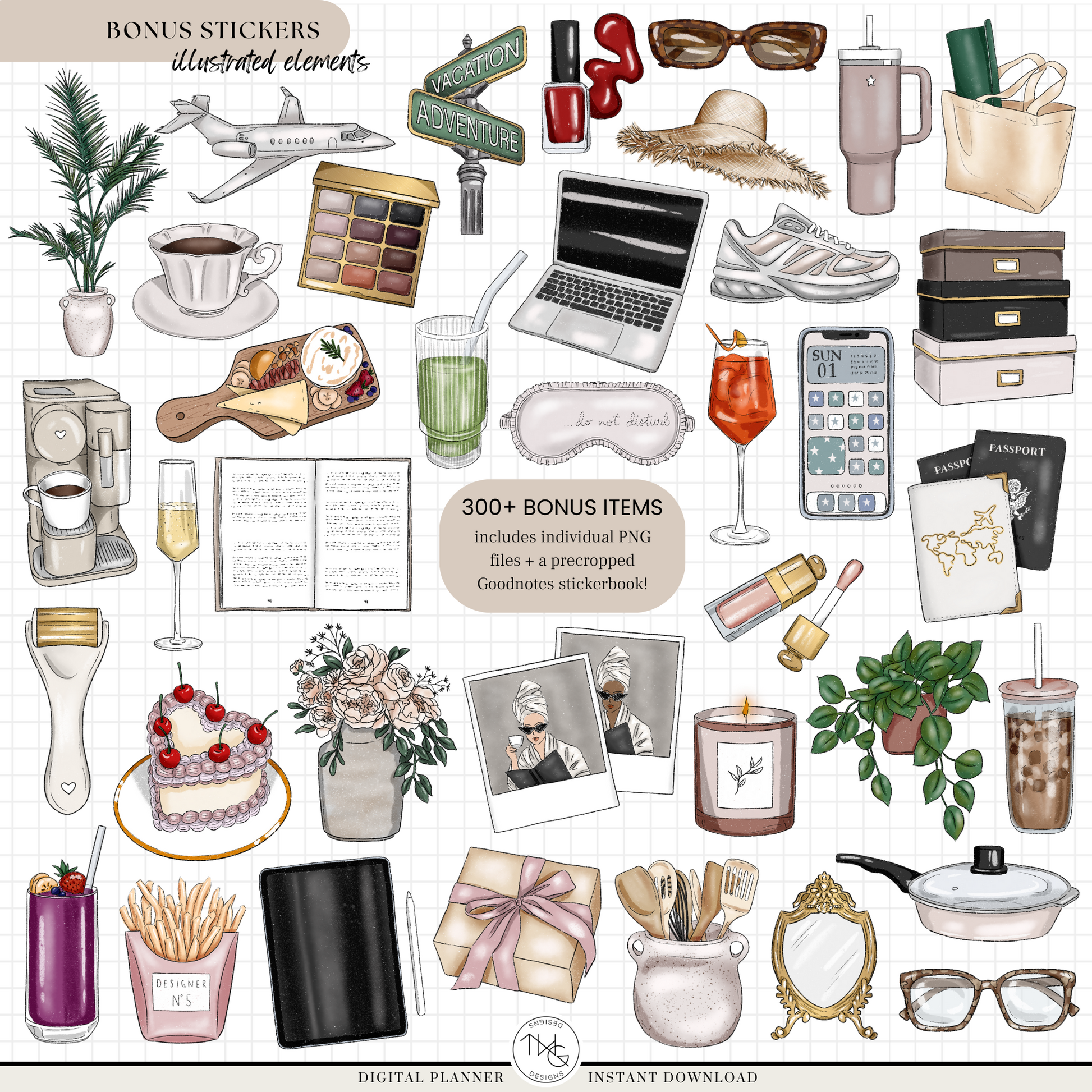Over 300 digital stickers and widgets including cozy lifestyle elements, icons, and headers.