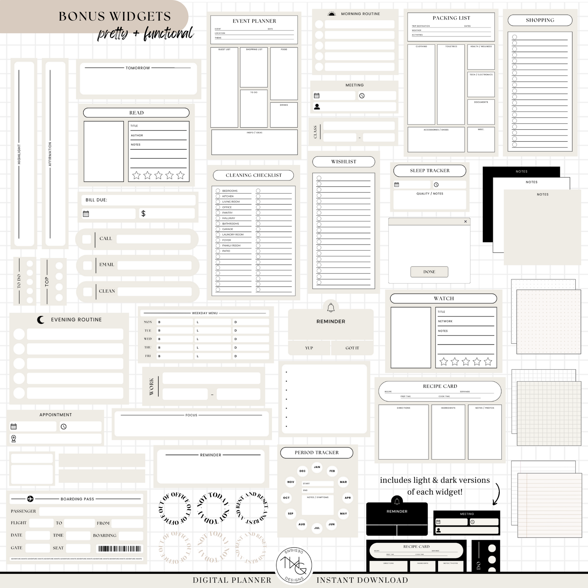 Pages for monthly overviews, finances, goals, meal planning, and reflection shown in an intuitive layout.