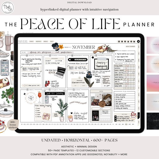 The Peace of Life Digital Planner open on iPad, showing a visually organized monthly layout with calming design and sticker elements.