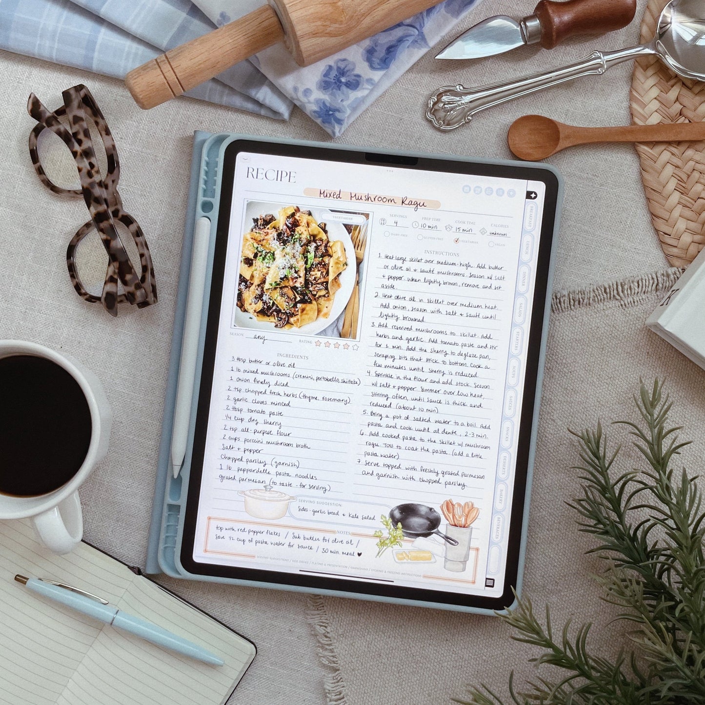 Cozy setup with planner open to a full recipe page, surrounded by neutral props.
