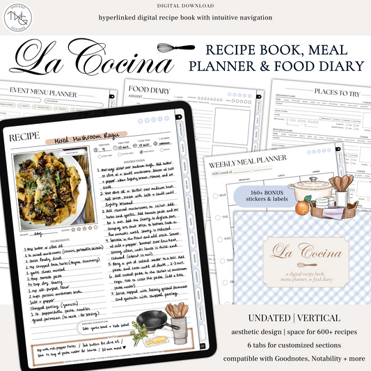 La Cocina Recipe Book & Meal Planner shown on an iPad screen with handwritten recipe and illustrated elements.