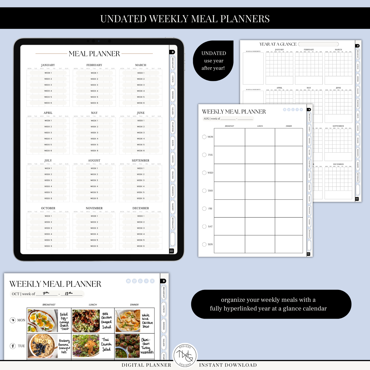 Vertical iPad view showing monthly calendar, recipe layout, and food diary section.