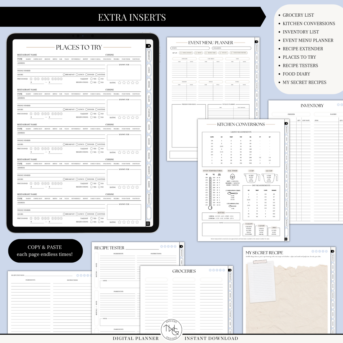 Layouts for weekly meal plans, grocery lists, inventory, and inspiration log.