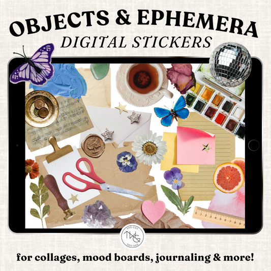 Collage of ephemera stickers including stamps, flowers, crystals, and typewritten paper arranged on an iPad screen
