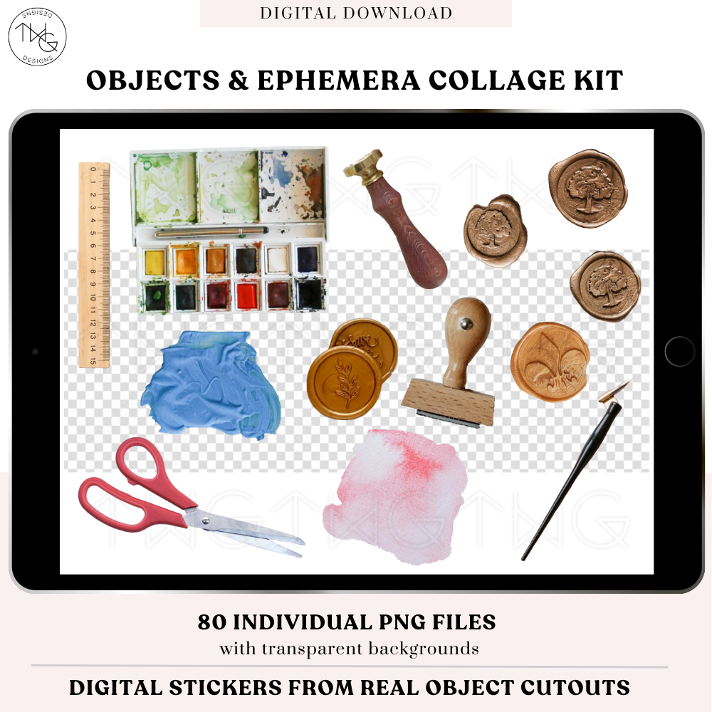 Vintage-style art and writing tools laid out digitally