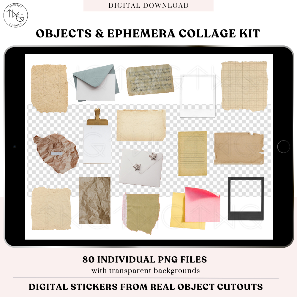 Realistic paper scraps and envelopes used in digital collaging