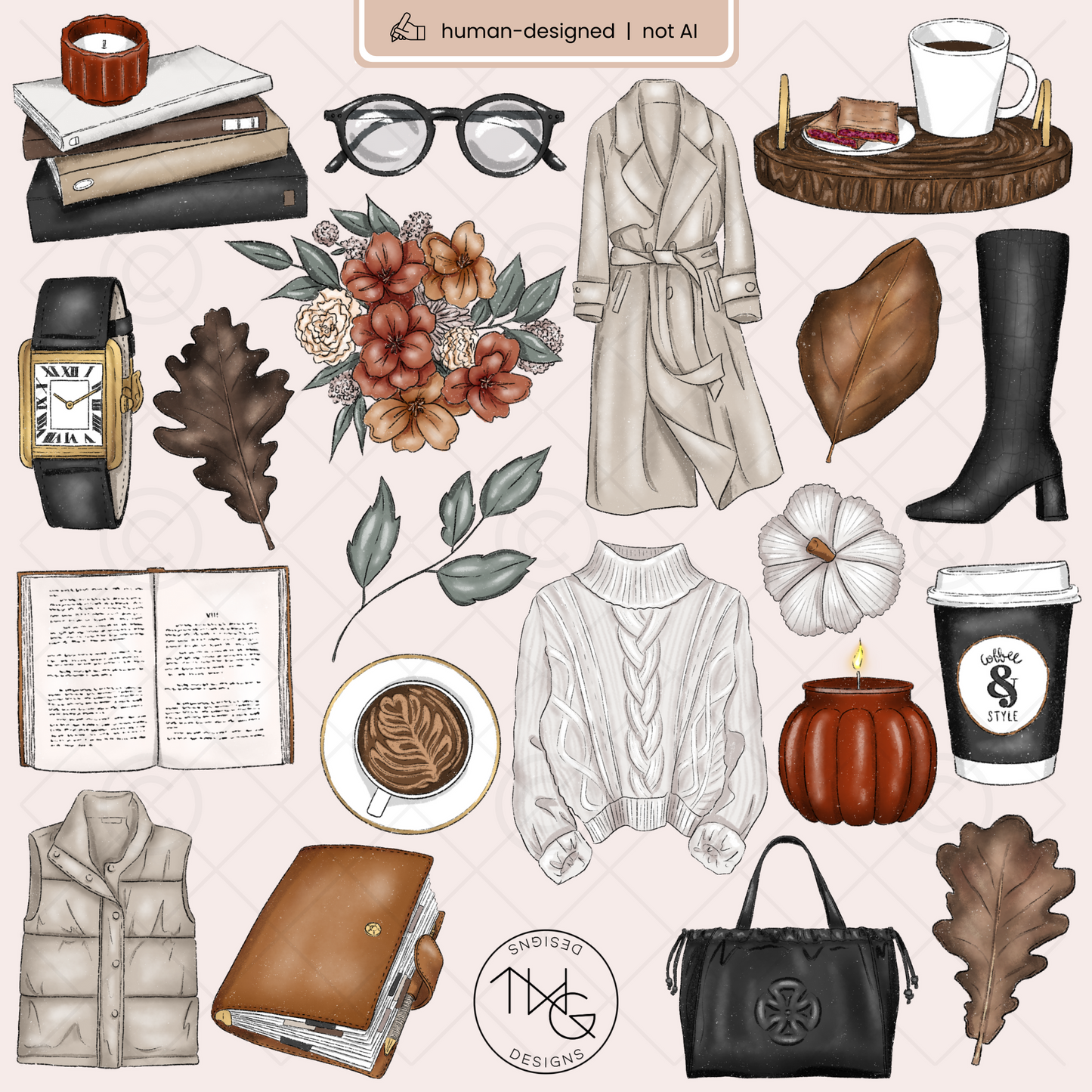 Individual illustrations like a sweater, pumpkin candle, journal, latte, trench coat, and boots displayed clearly.