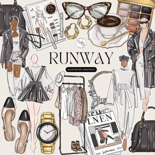 A collage of fashion-themed clipart including runway outfits, accessories, sketchbooks, coffee, sunglasses, and a fashion magazine.