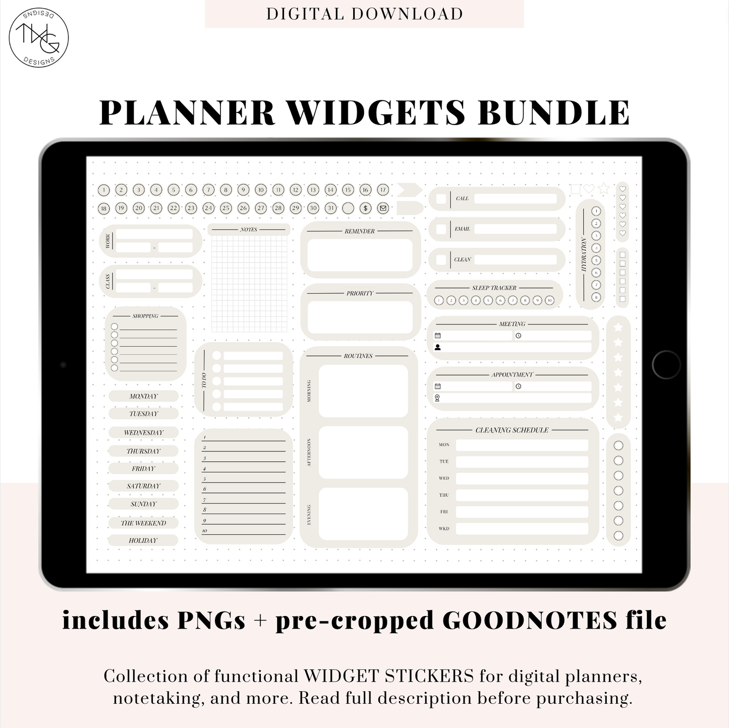 Pre-cropped GoodNotes sticker book displayed on iPad with 69 widget stickers for digital planners