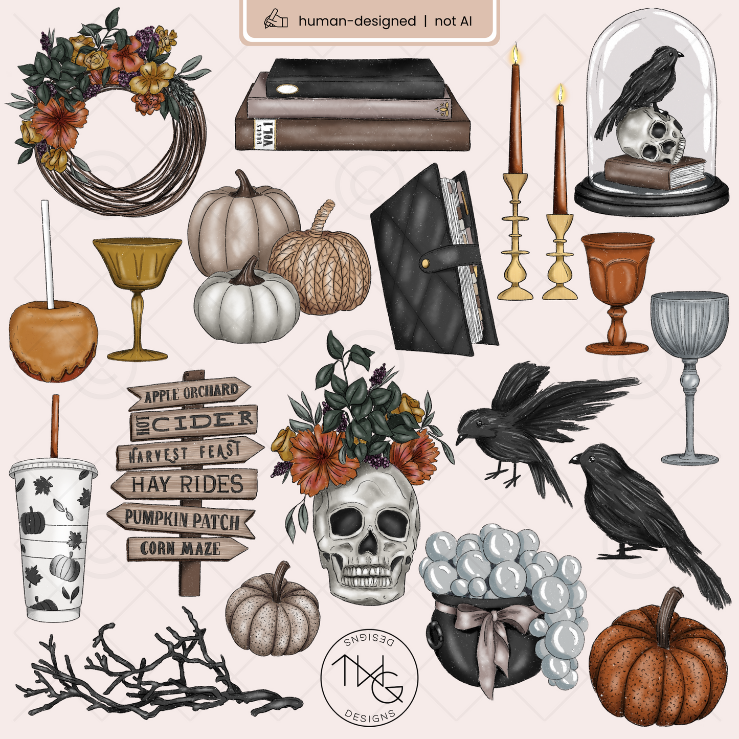 Flat lay scene using Haunted Harvest elements like pumpkins, crows, gothic candlesticks, and wood signage styled for digital planners and spooky mood boards.