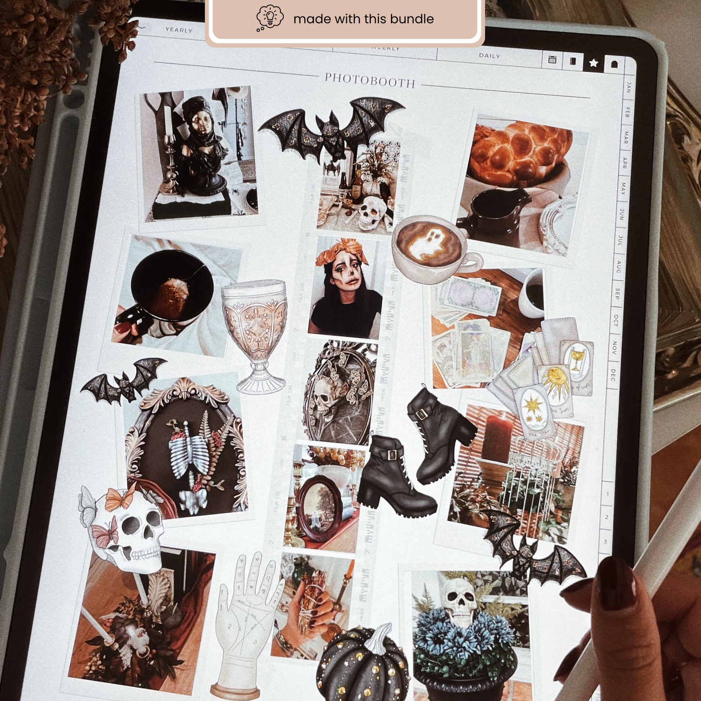 A Halloween mood board in a digital planner featuring collage of spooky aesthetic illustrations including skulls, bats, pumpkins, and coffee mugs.