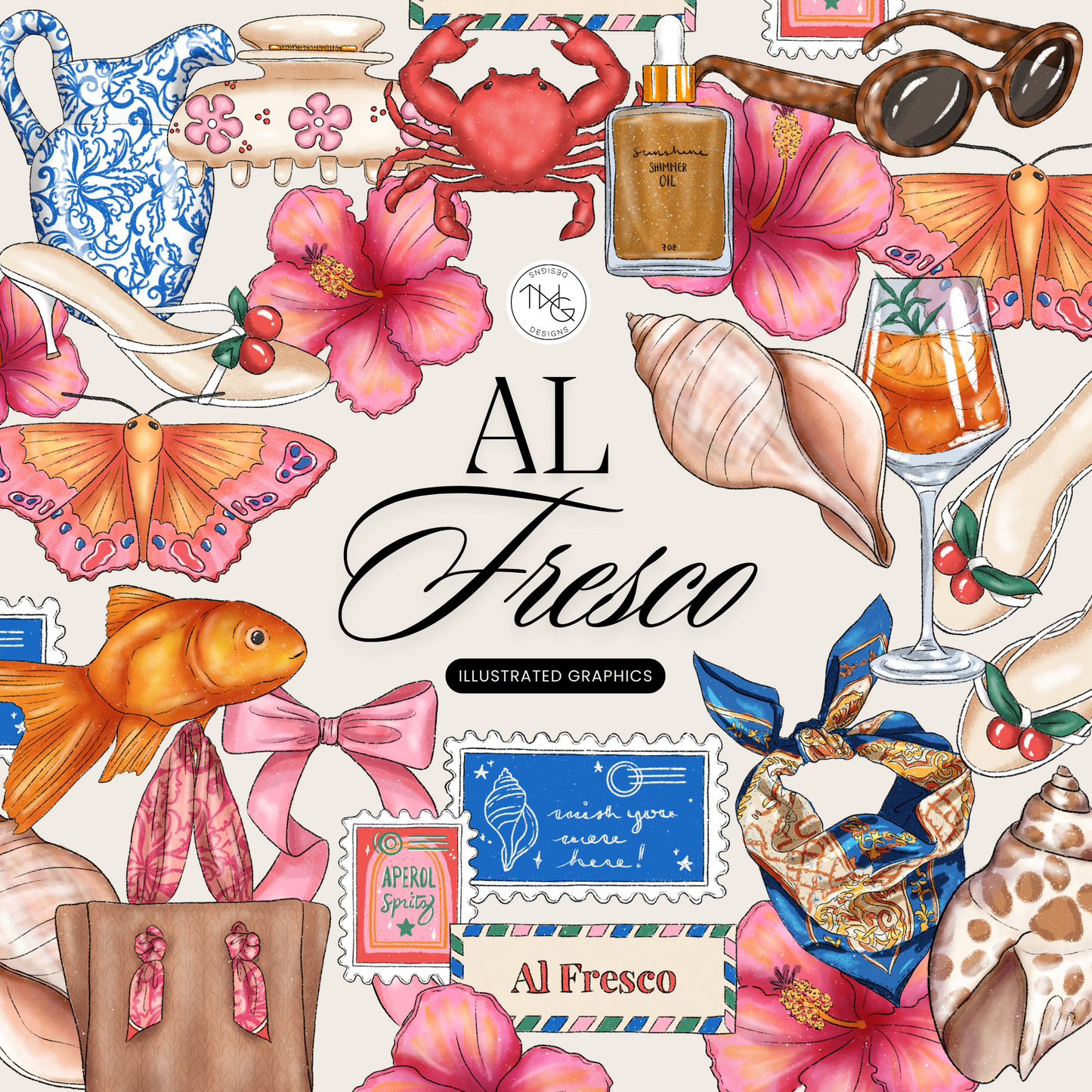 Al Fresco clipart bundle featuring hand-drawn summer-themed illustrations including seashells, aperol spritz, butterflies, flowers, beach accessories, and goldfish in a feminine color palette