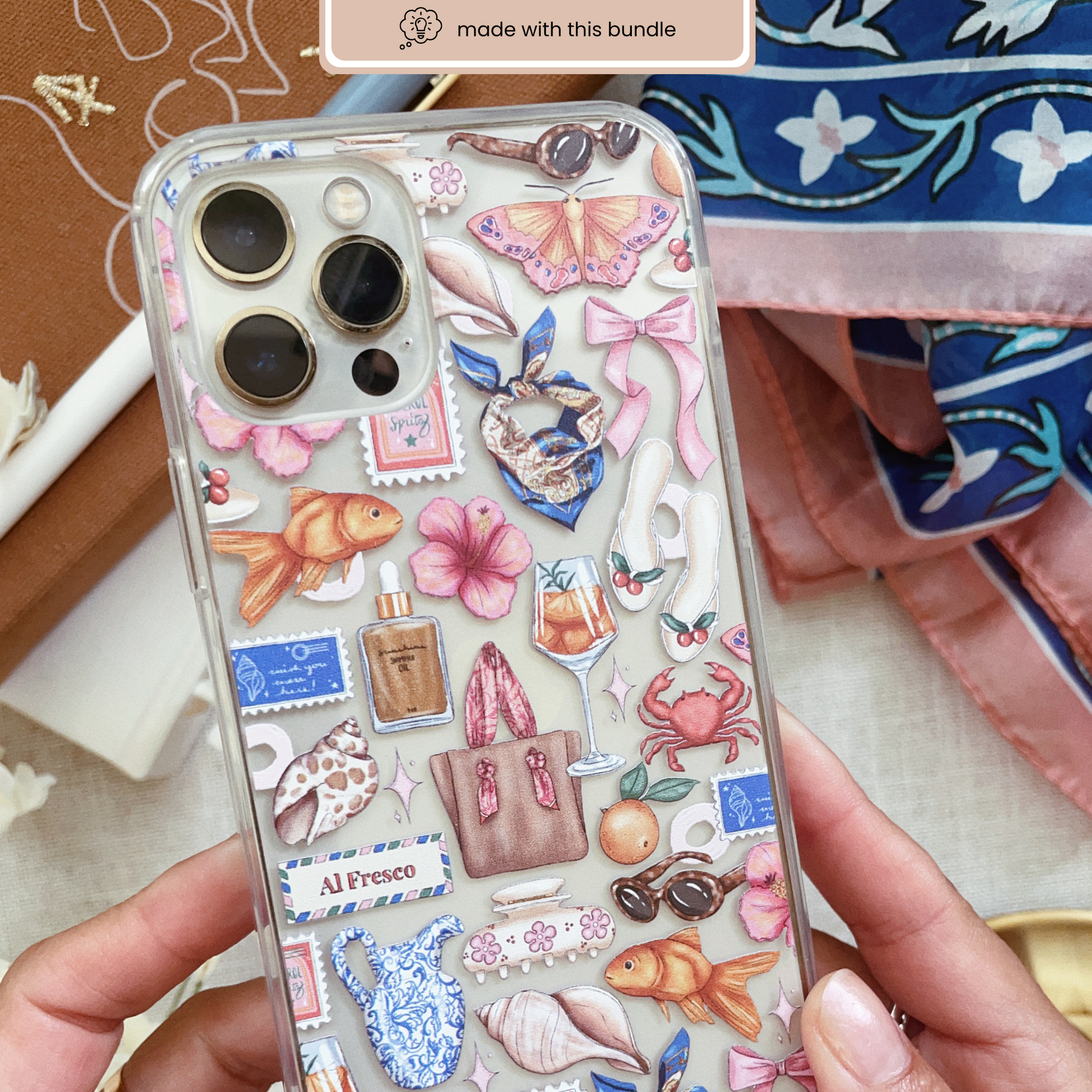 Phone case decorated with summer-themed digital stickers from the Al Fresco clipart bundle, featuring shells, bows, flowers, and accessories arranged in a playful layout