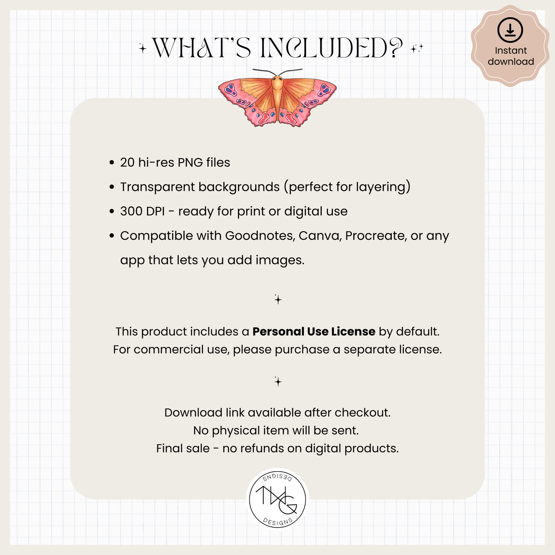 Al Fresco clipart bundle contents overview listing 20 high-resolution PNG files with transparent backgrounds and 300 DPI resolution, compatible with digital planner apps like Goodnotes and Canva