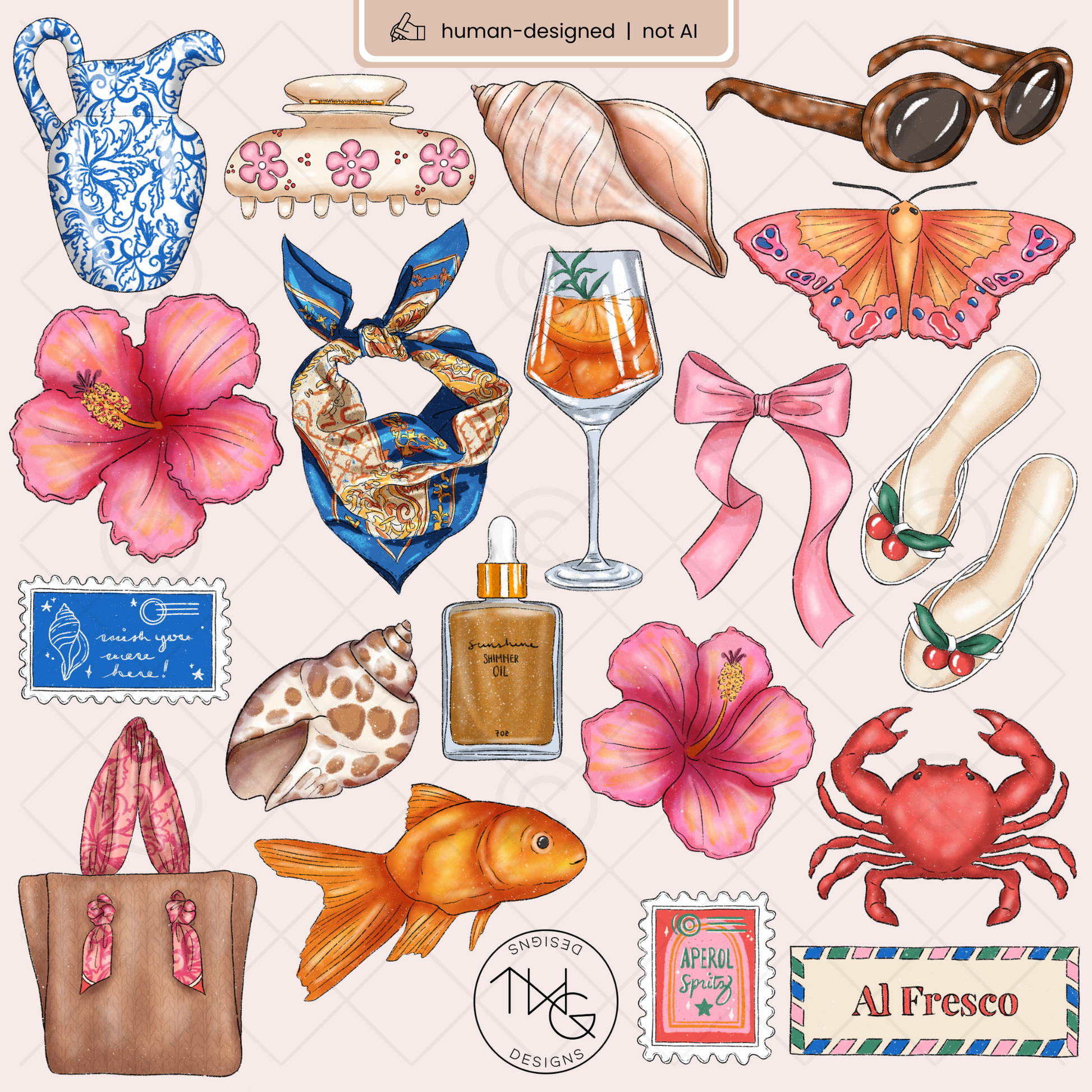 Close-up of individual Al Fresco clipart PNG images on solid background including scarf, sandals, orange cocktail, sunglasses, stamps, shells, and perfume bottle