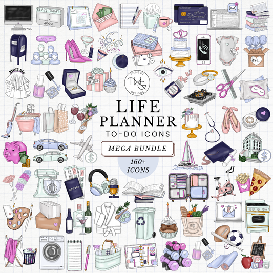 A collage of over 100 pastel-toned planner icons including checklists, laptops, clipboards, cleaning supplies, and productivity tools, labeled “Life Planner To-Do Icons MEGA BUNDLE.”
