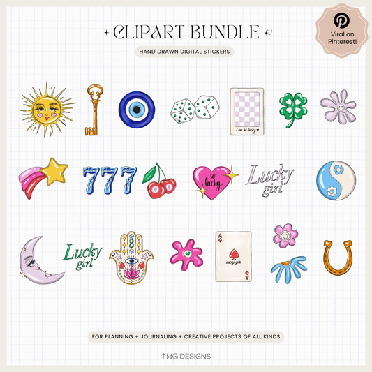 All 21 PNGs displayed on a grid background featuring the sun, moon, evil eye, four-leaf clover, horseshoe, and lucky icons.