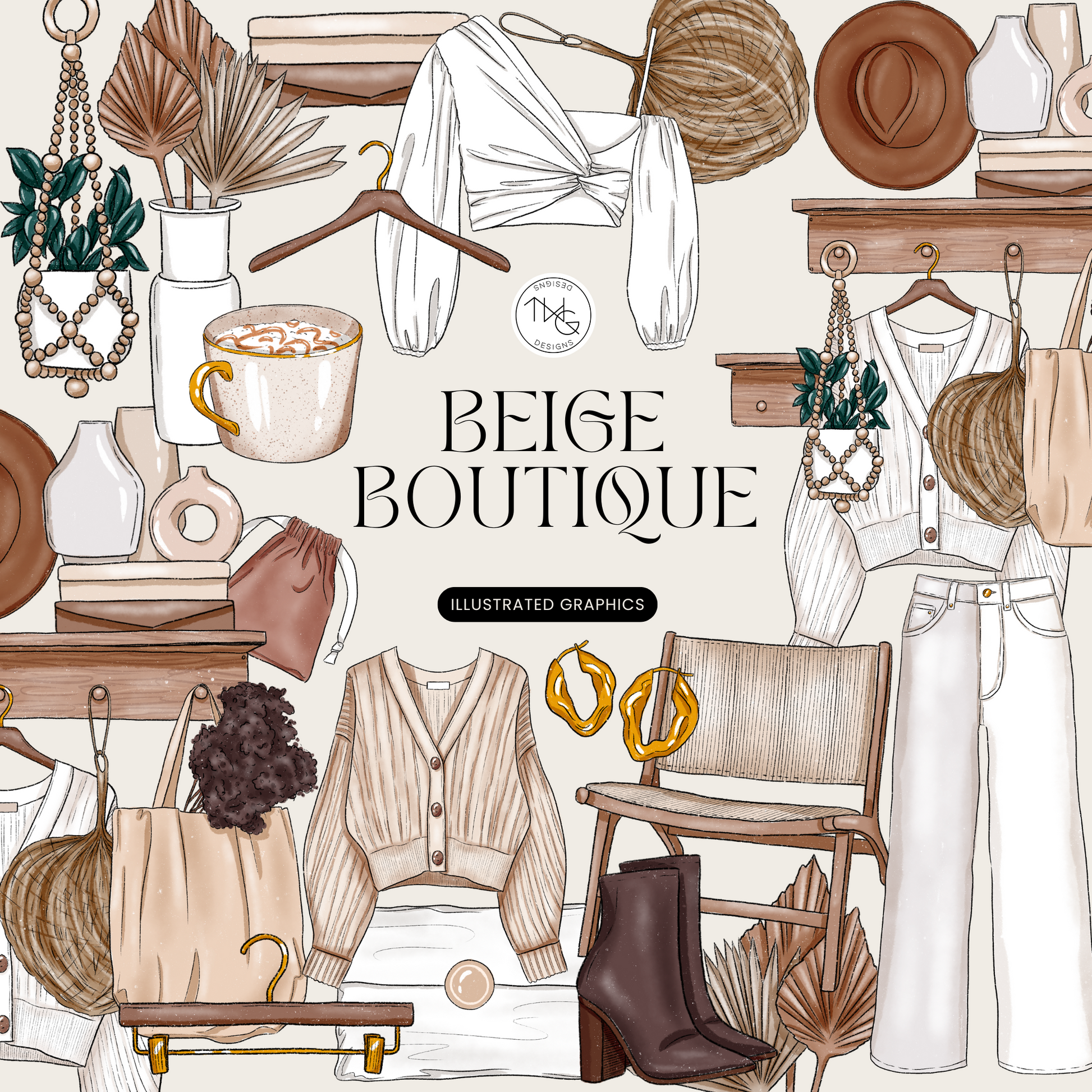 A collage of beige-toned fashion items including sweaters, boots, pants, coffee, earrings, and woven home decor.