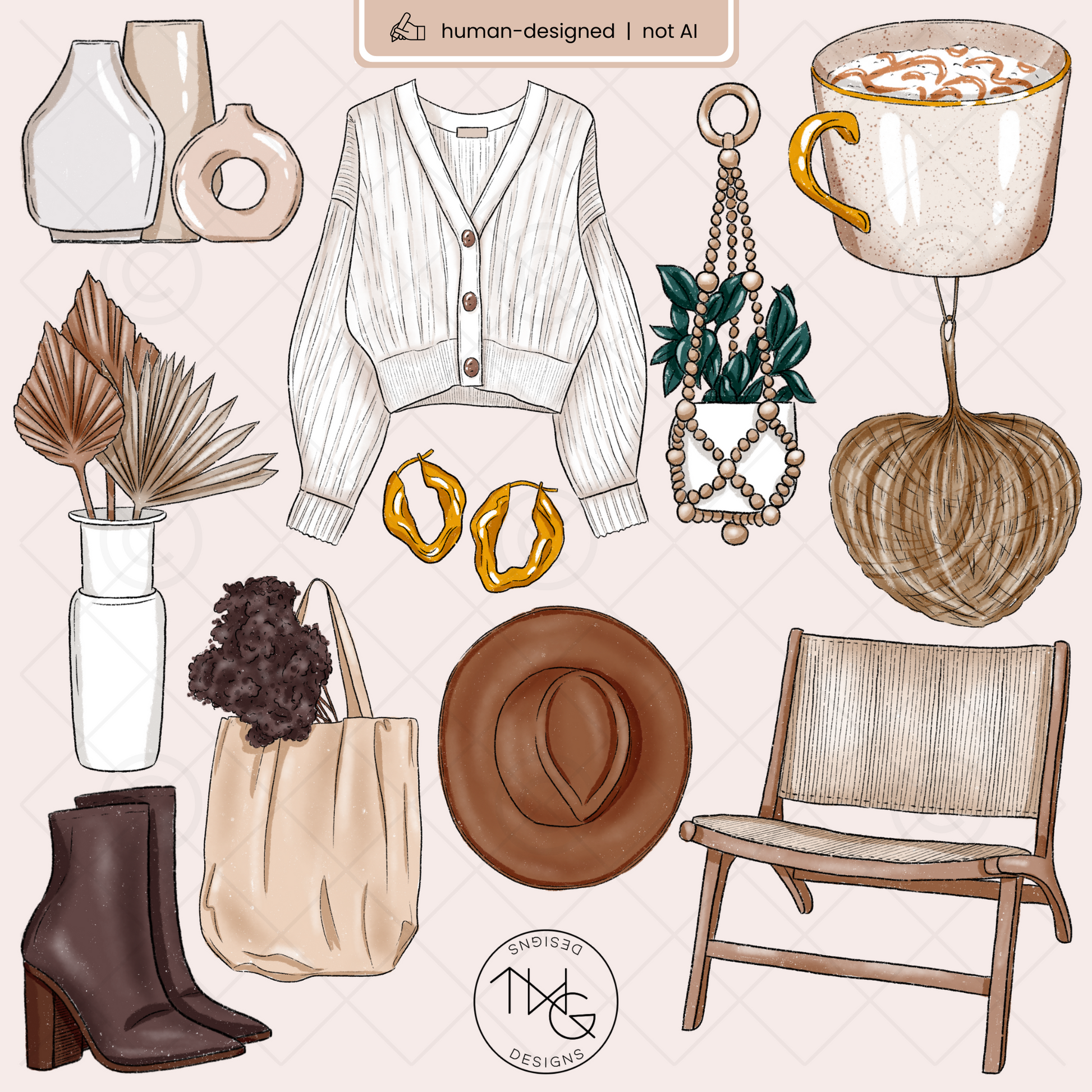 Individual clipart pieces including a fringe tote bag, cozy knits, a latte, ankle boots, and dried botanical elements.