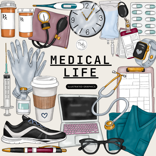 A collage of hand-drawn medical aesthetic clipart including scrubs, stethoscope, clock, laptop, prescription bottles, coffee cup, and nurse essentials.