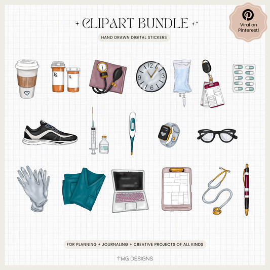 Full overview of 18 PNG elements from the Medical Life bundle, including gloves, sneakers, syringes, scrubs, planner tools, and medicine.