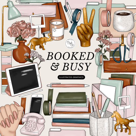 A bold and stylish collage of workspace-inspired clipart including stacked books, coffee mug, planner tools, retro phone, and golden figurines from the Booked & Busy Clipart Bundle.