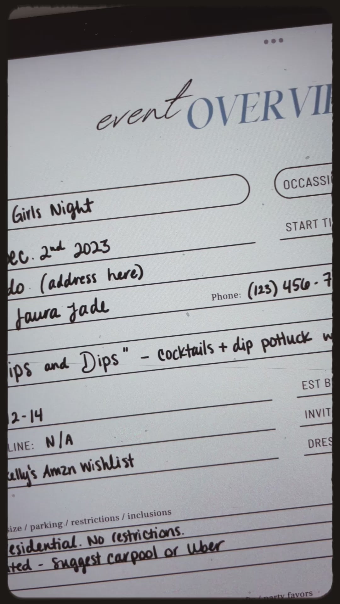 Zoomed-in screen showing a digital Girls’ Night event overview being filled out by stylus.