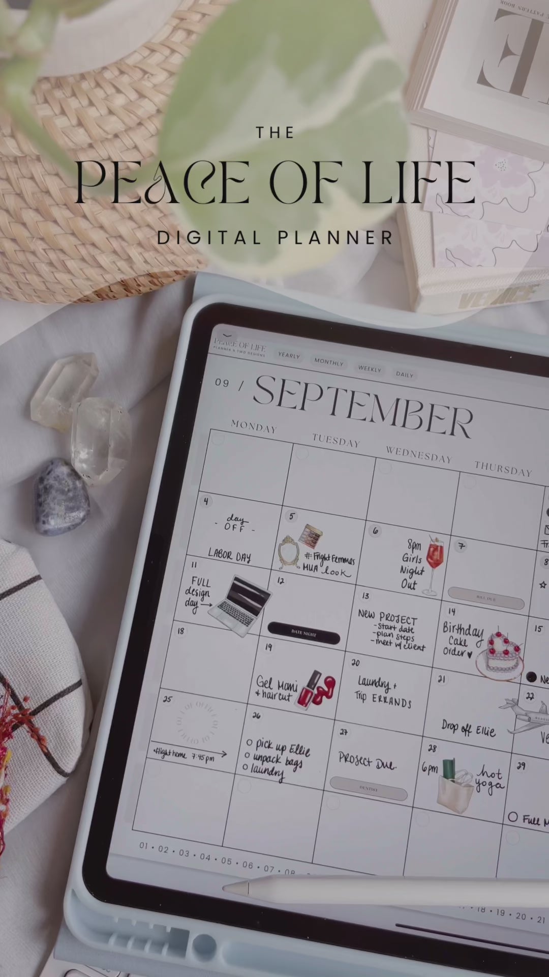 Planner cover page on iPad with hand holding stylus ready to open, surrounded by soft desk styling.