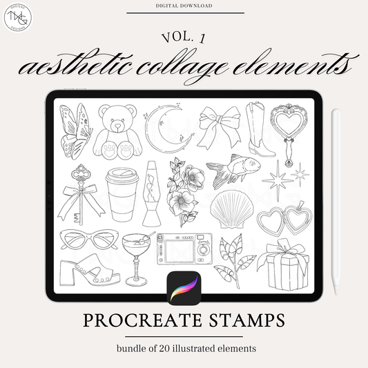 Black-and-white illustrated stamp designs for Procreate shown on an iPad including bows, perfume, teddy bear, coffee cup, and seashells