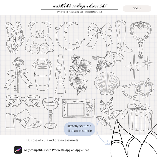 Overview of 20 stamp brush designs including hearts, ribbon, camera, shell, and gifts