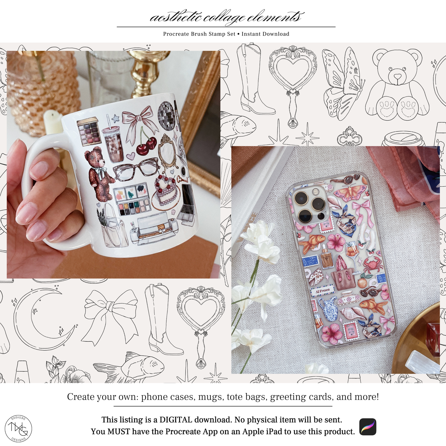 Finished DIY items using the brushes including a phone case, mug, and printables