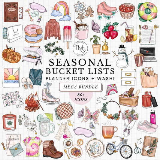 A collage of hand-drawn seasonal planner icons arranged around the label “Seasonal Bucket Lists – Planner Icons + Washi MEGA BUNDLE,” featuring cozy, playful, and whimsical motifs from all four seasons.