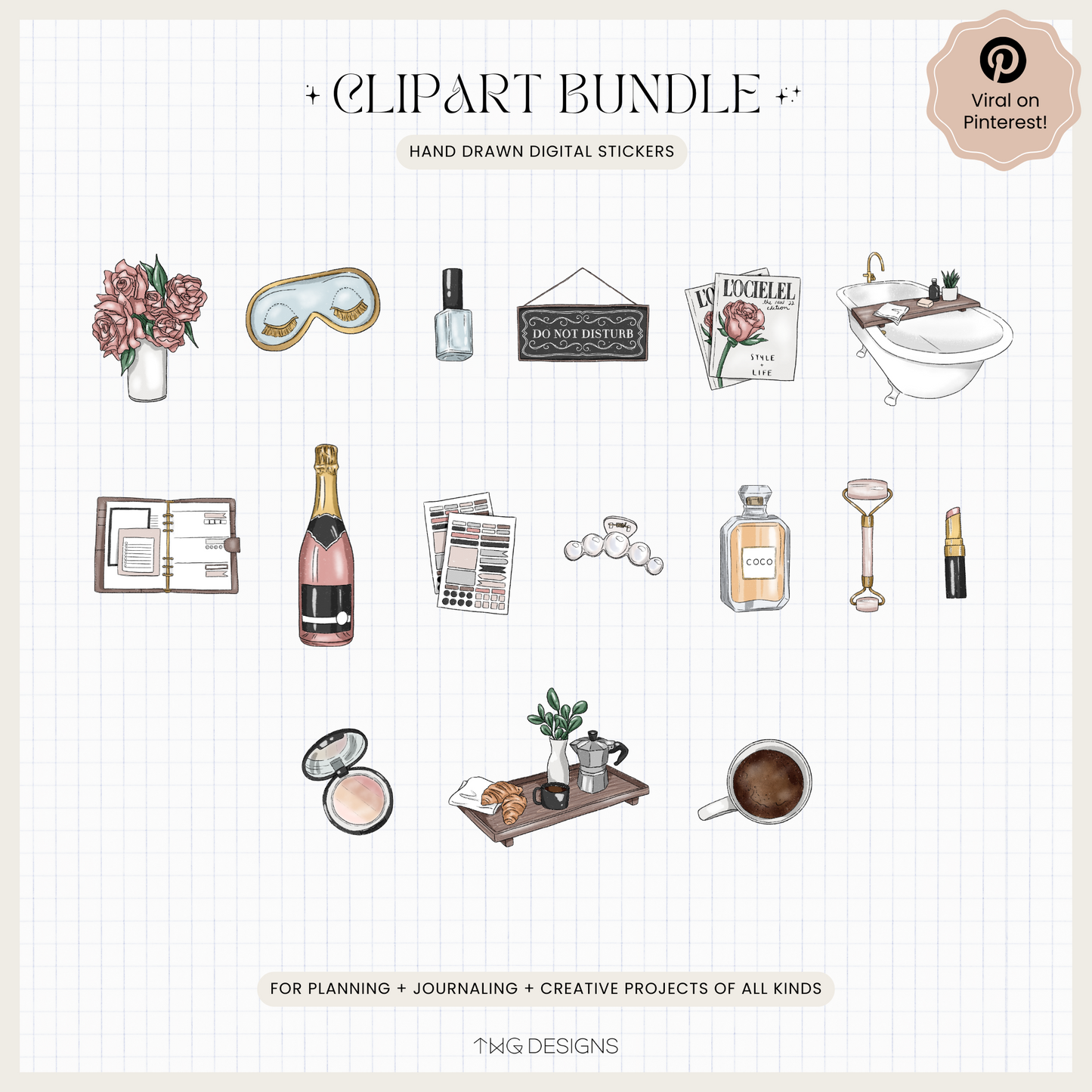 A clean visual of all 16 individual PNG stickers in the Luxe Reset bundle including perfume bottles, bath, planner, flowers, eye mask, and coffee mug.