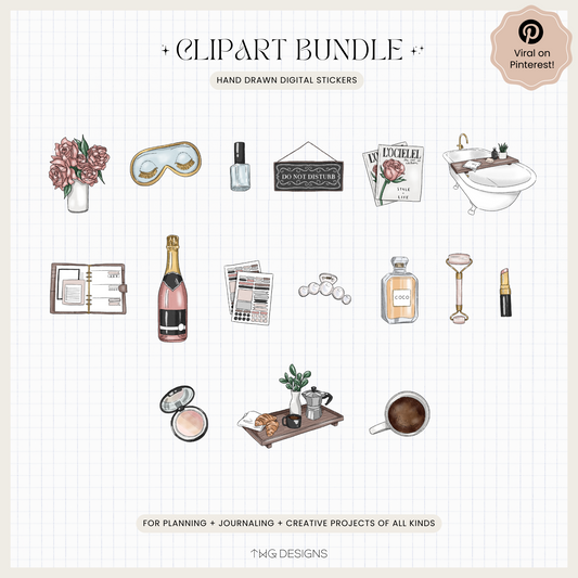 A clean visual of all 16 individual PNG stickers in the Luxe Reset bundle including perfume bottles, bath, planner, flowers, eye mask, and coffee mug.