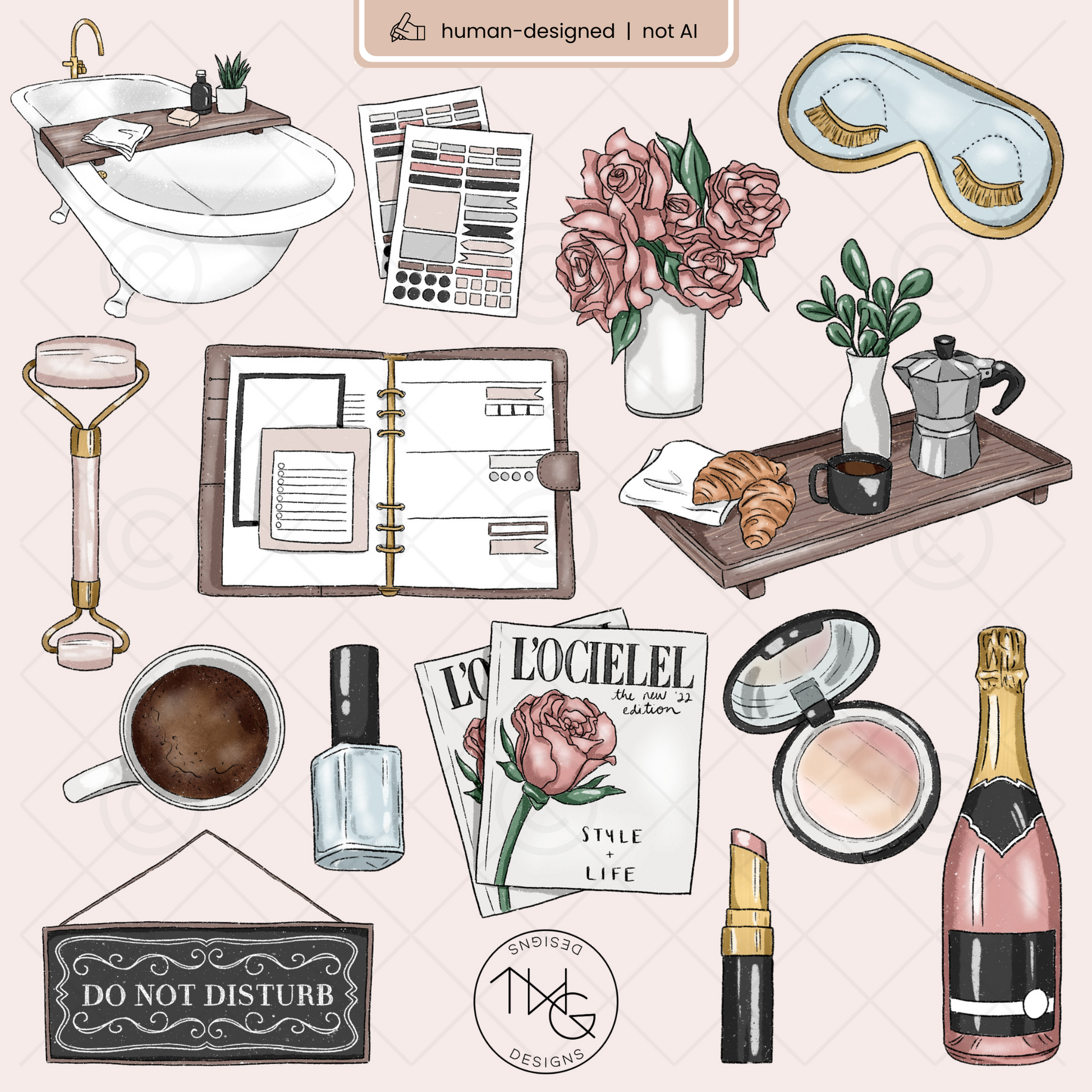 A soft glam flatlay showcasing the Luxe Reset clipart elements arranged on a digital mood board with aesthetic lifestyle items.