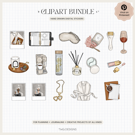 Preview of included clipart elements such as heart sunglasses, candles, face roller, and wine glass