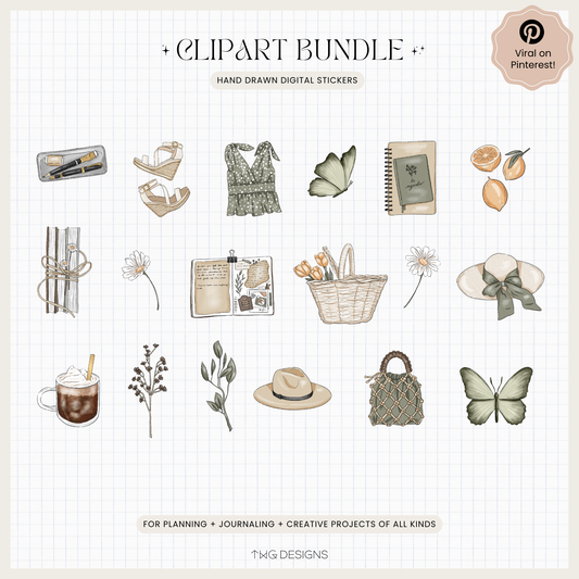 Overview of all 18 individual PNG clipart elements from the Summer Cottage bundle including clothes, butterflies, basket, drink, and journaling tools.