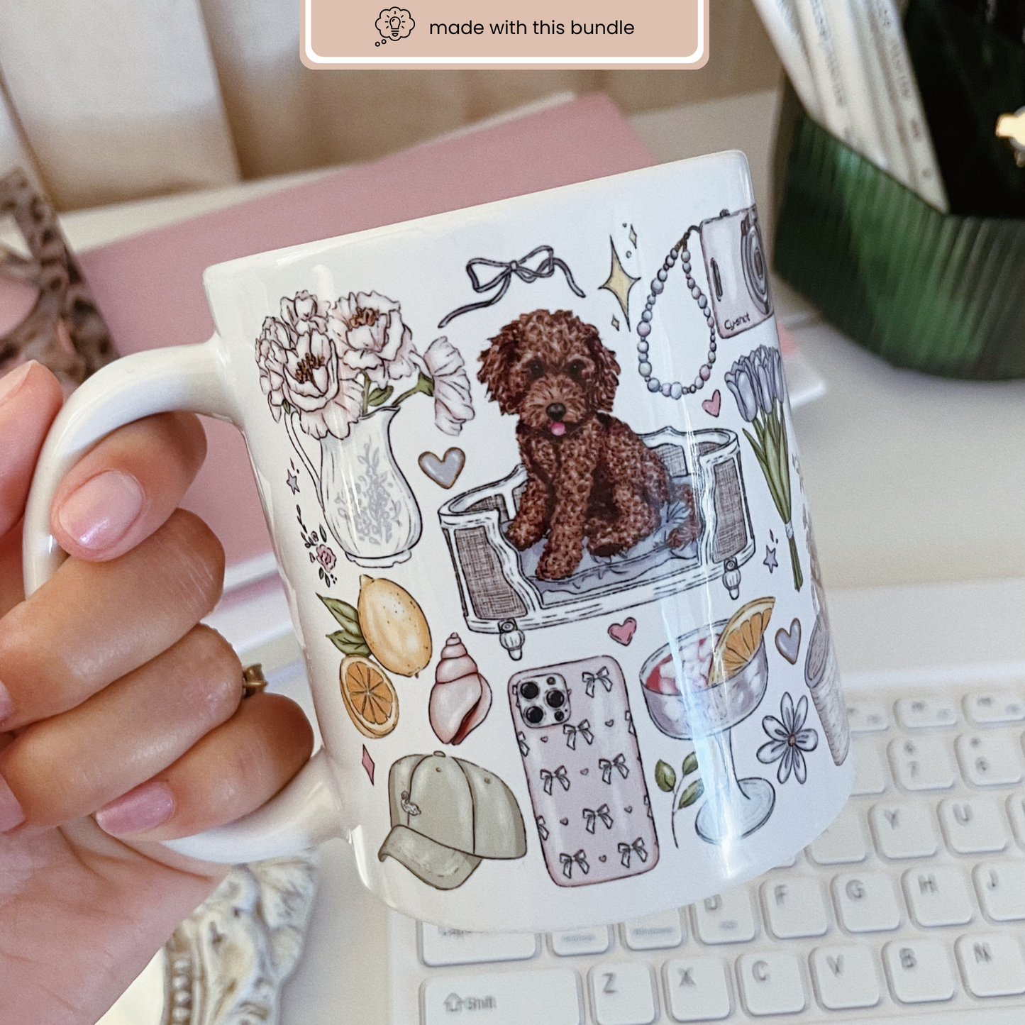 Illustrated mug showcasing the spring clipart bundle used as an allover wrap design.