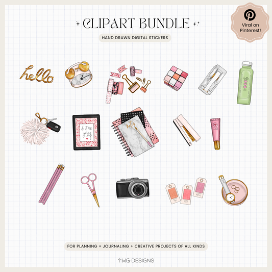 18 individual pink-themed clipart elements including beauty items, planner supplies, notebooks, labels, pens, and accessories.
