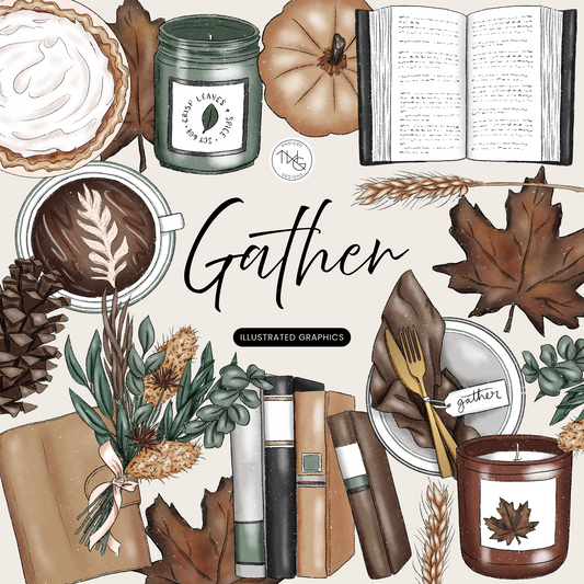 Autumn-themed digital clipart featuring coffee, candles, leaves, and a pie with cozy neutral tones.
